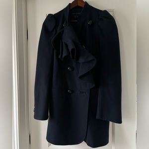 French Connection Wool Cashmere Ruffle Collar Coat sz 4 Navy Blue